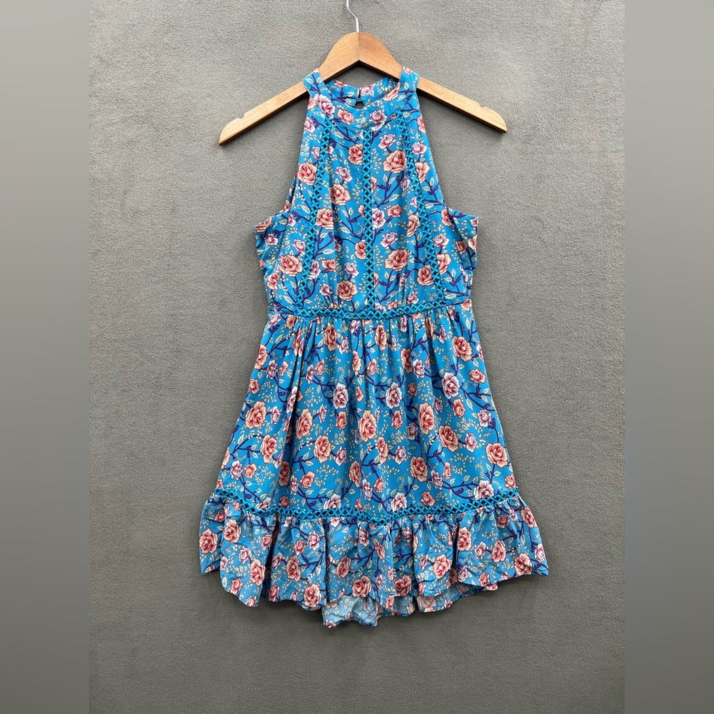 Sunday Mi Amor Anthropologie Woman’s Medium Floral Halter Mini Dress Blue